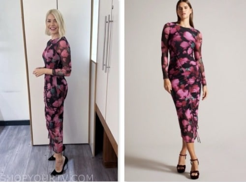holly willoughby, this morning, black and pink floral dress