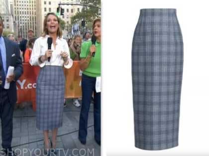 the today show, savannah guthrie, blue wool plaid midi skirt