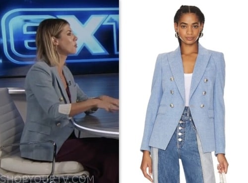 kelly rizzo, blue denim double breasted blazer, extra