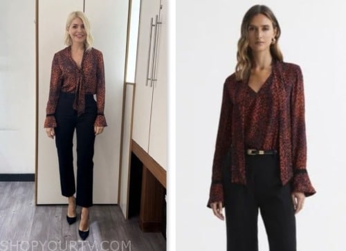 holly willoughby, this morning, red animal print tie neck blouse