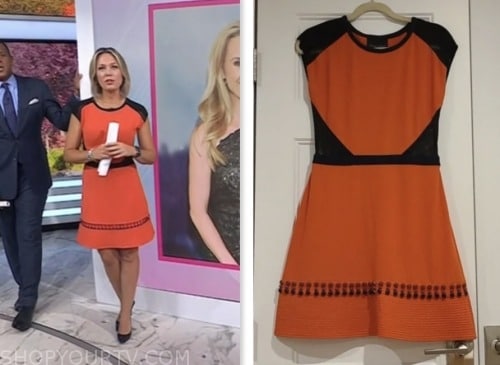 dylan dreyer, the today show, orange and black colorblock embellished dress