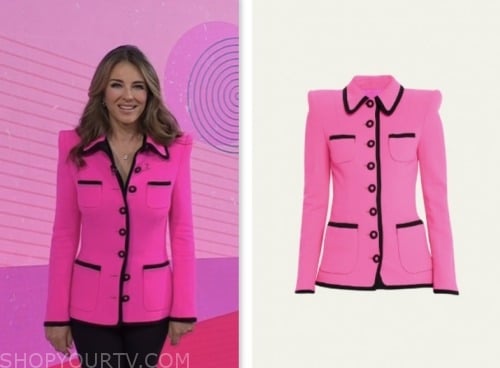 the today show, elizabeth hurley, pink and black contrast trim jacket