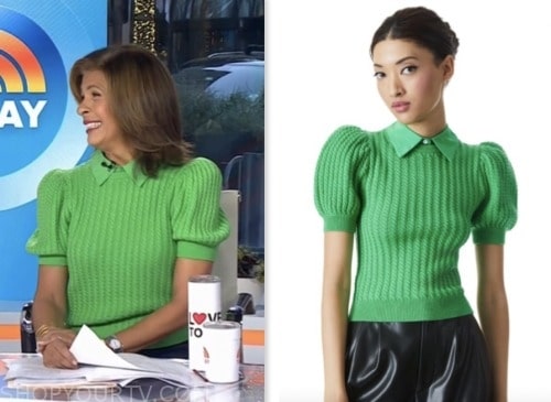 the today show, hoda kotb, hoda and jenna, green cable knit collar sweater top