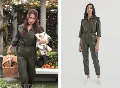 sally spectra, courtney hope, the young and the restless, olive green leather jumpsuit