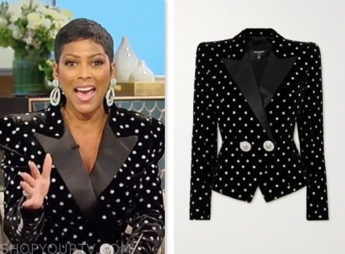 tamron hall show, tamron hall, black velvet polka dot blazer
