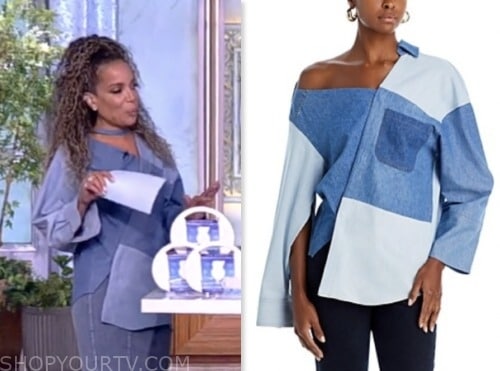 sunny hostin, denim patchwork asymmetric top, the view