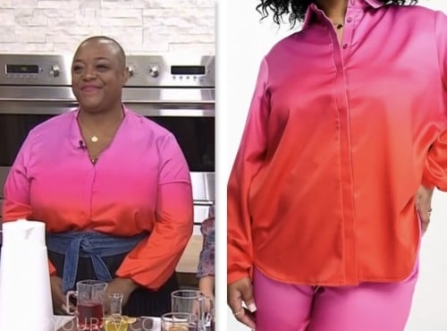 the today show, hoda and jenna, red and pink ombre satin shirt, Tiffanie Barriere