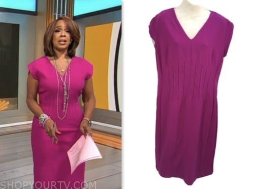 gayle king, cbs mornings, magenta pink corset waist sheath dress