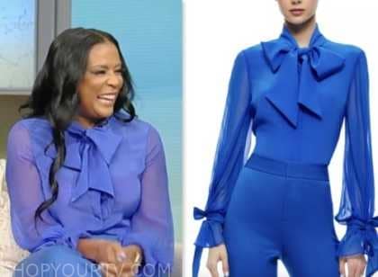 Tamron Hall Show: October 2023 Tonesa Welch's Blue Tie Neck Blouse ...