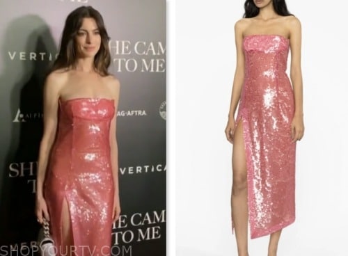 anne hathaway, extra, pink sequin strapless midi dress