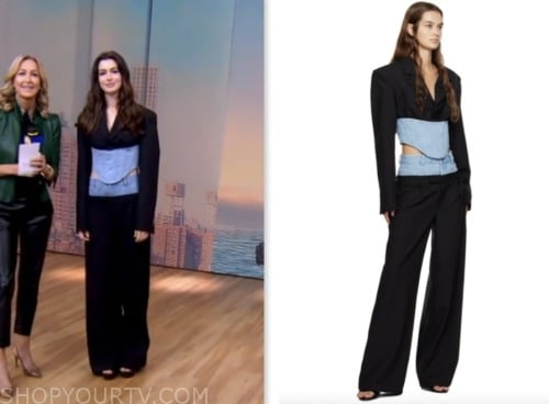 good morning america, anne hathaway, black denim corset blazer and pants