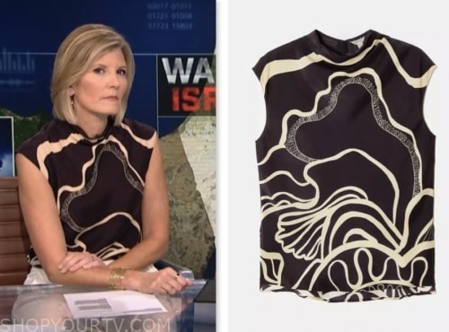 nbc news daily, kate snow, purple and ivory silk printed top