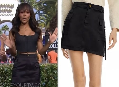 access hollywood, black satin cargo mini skirt, zuri hall