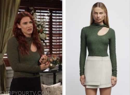 sally spectra, courtney hope, the young and the restless, green textured twist cutout top