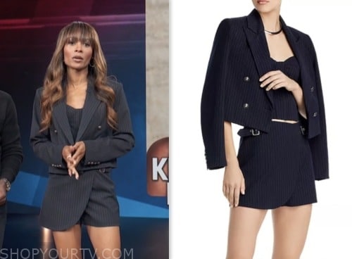 zuri hall, access hollywood, navy blue pinstripe jacket, corset top, and skirt