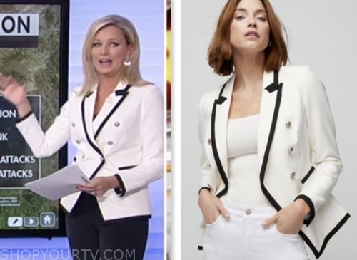 sandra smith, america reports, white and black contrast trim double breasted blazer, fox news fashion