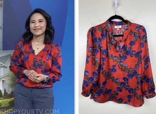 vicky nguyen, the today show, red and blue printed tie neck blouse