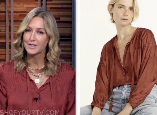 lara spencer, good morning america, red tie neck top