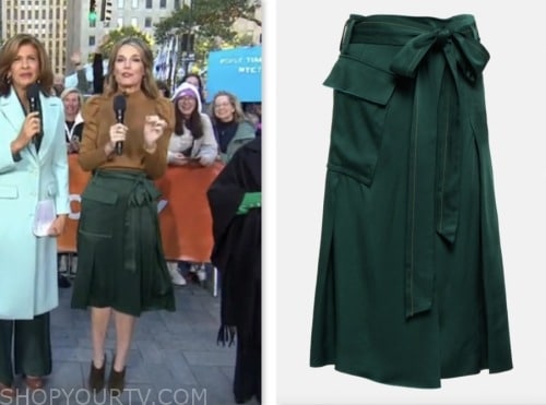 savannah guthrie, the today show, green satin cargo wrap skirt