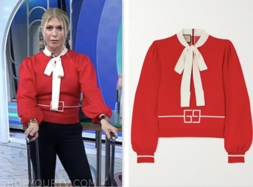 the today show, jill martin brooks, red and white tie neck sweater