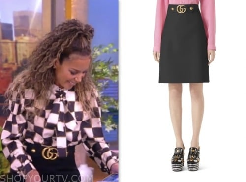 sunny hostin, the view, black logo hardware waist skirt