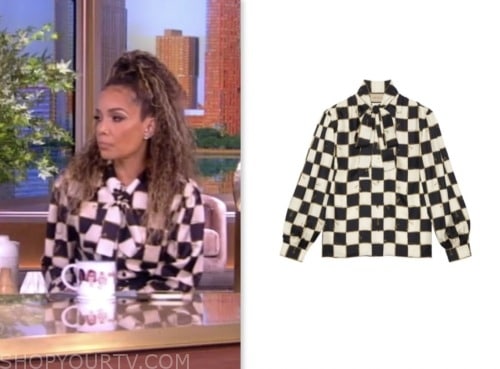 sunny hostin, the view, black and white check tie neck blouse