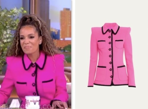 sunny hostin, the view, pink and black contrast trim jacket
