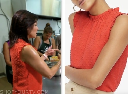 meg oliver, cbs mornings, red ruffled dotted top
