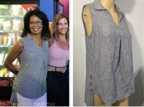 sandra mason, the golden bachelor, grey chambray linen top
