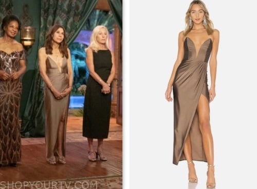 theresa nist, the golden bachelor, brown bronze strapless dress