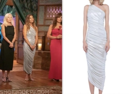 Leslie Fhima, the golden bachelor, silver one-shoulder ruched dress