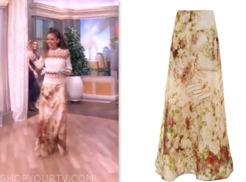 sunny hostin, the view, beige floral satin maxi skirt
