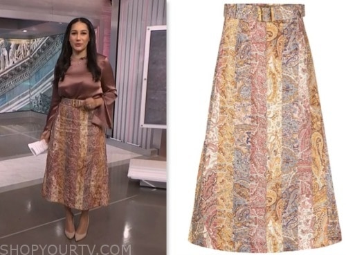 morgan radford, nbc news daily, orange paisley belted midi skirt