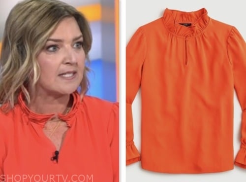 christine romans, the today show, coral red ruffleneck top
