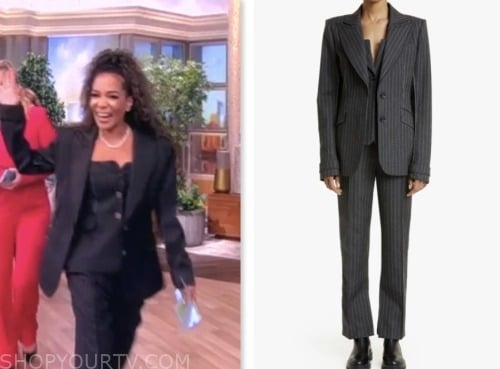 sunny hostin, the view, grey pinstripe blazer, bustier top, and pant suit
