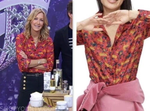good morning america, lara spencer, red floral tiger print shirt