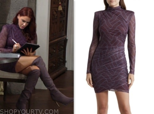 sally spectra, courtney hope, the young and the restless, purple mesh printed dress