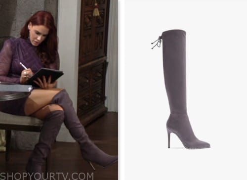 sally spectra, courtney hope, the young and the restless, purple suede boots