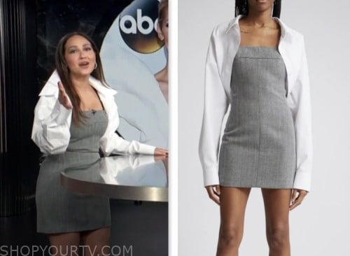 E! news, adrienne bailon houghton, grey dress and white shirt