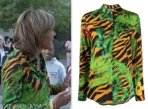good morning america, robin roberts, orange and green jungle print shirt