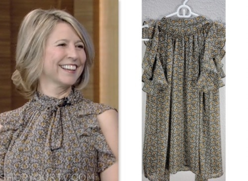 samantha brown, live with kelly and mark, brown floral ruffle tie neck top
