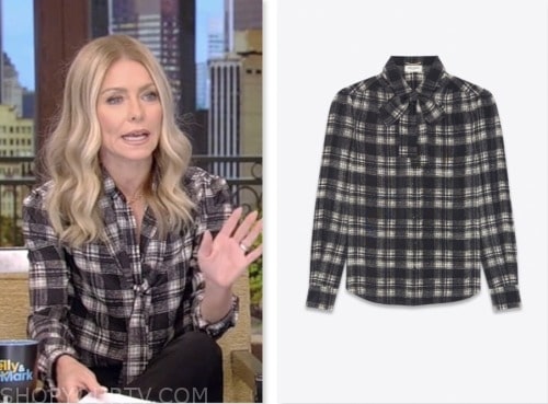 kelly ripa, live with kelly and mark, black plaid tie neck shirt
