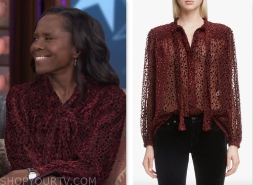 deborah roberts, good morning america, red tie neck blouse