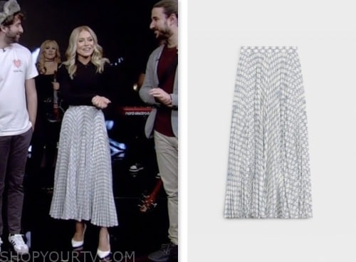 kelly ripa, white printed pleated midi skirt, live with kelly and mark