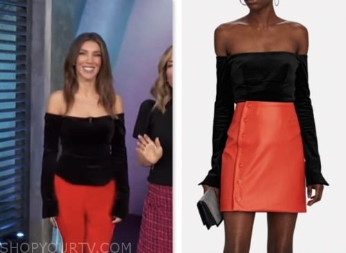 Adrianna Costa, black velvet off-the-shoulder top, access daily