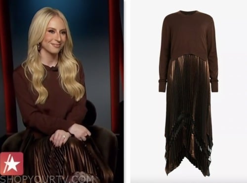 sydney sadick, brown sweater and metallic pleated skirt dress, access hollywood