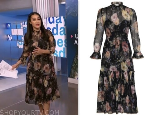 morgan radford, nbc news daily, black chiffon floral midi dress