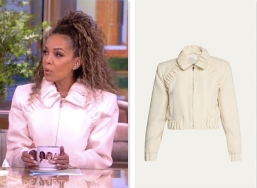 the view, sunny hostin, white ruched zip-front jacket