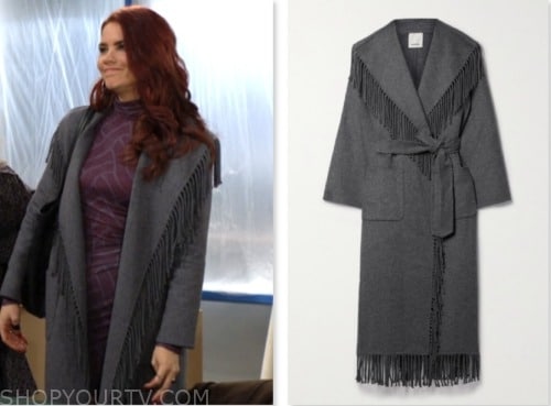 sally spectra, courtney hope, the young and the restless, grey fringe coat