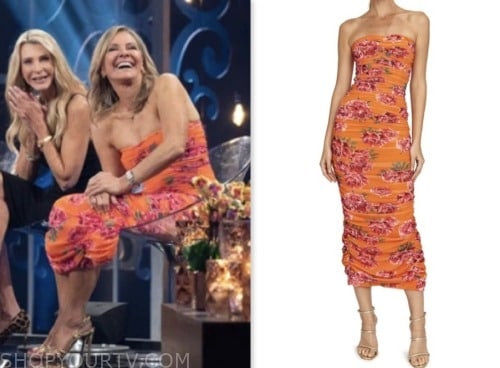 Nancy Hulkower, the golden bachelor, orange floral ruched strapless midi dress, women tell all